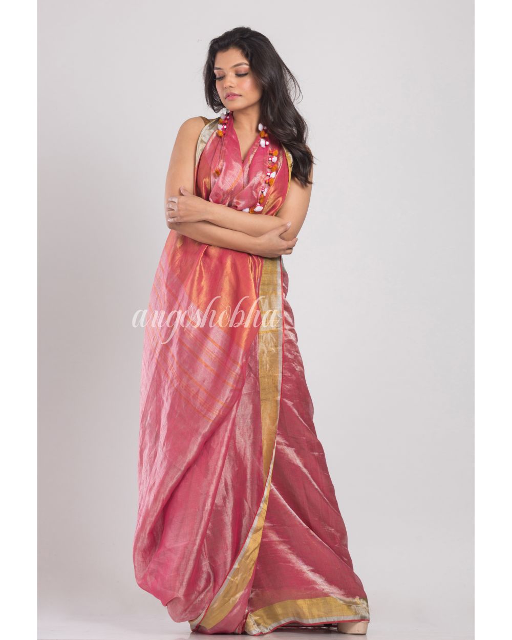 Peach Handwoven Linen Tissue Saree angoshobha