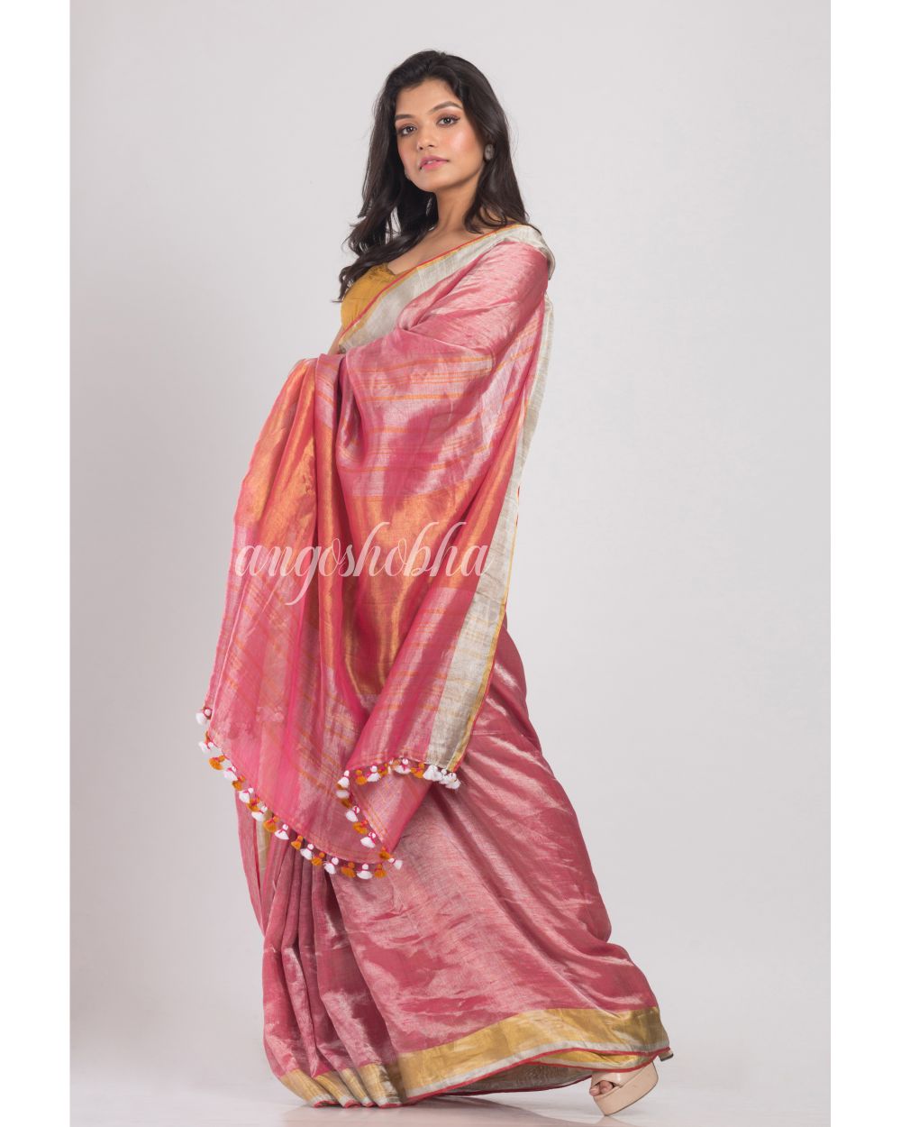 Peach Handwoven Linen Tissue Saree angoshobha