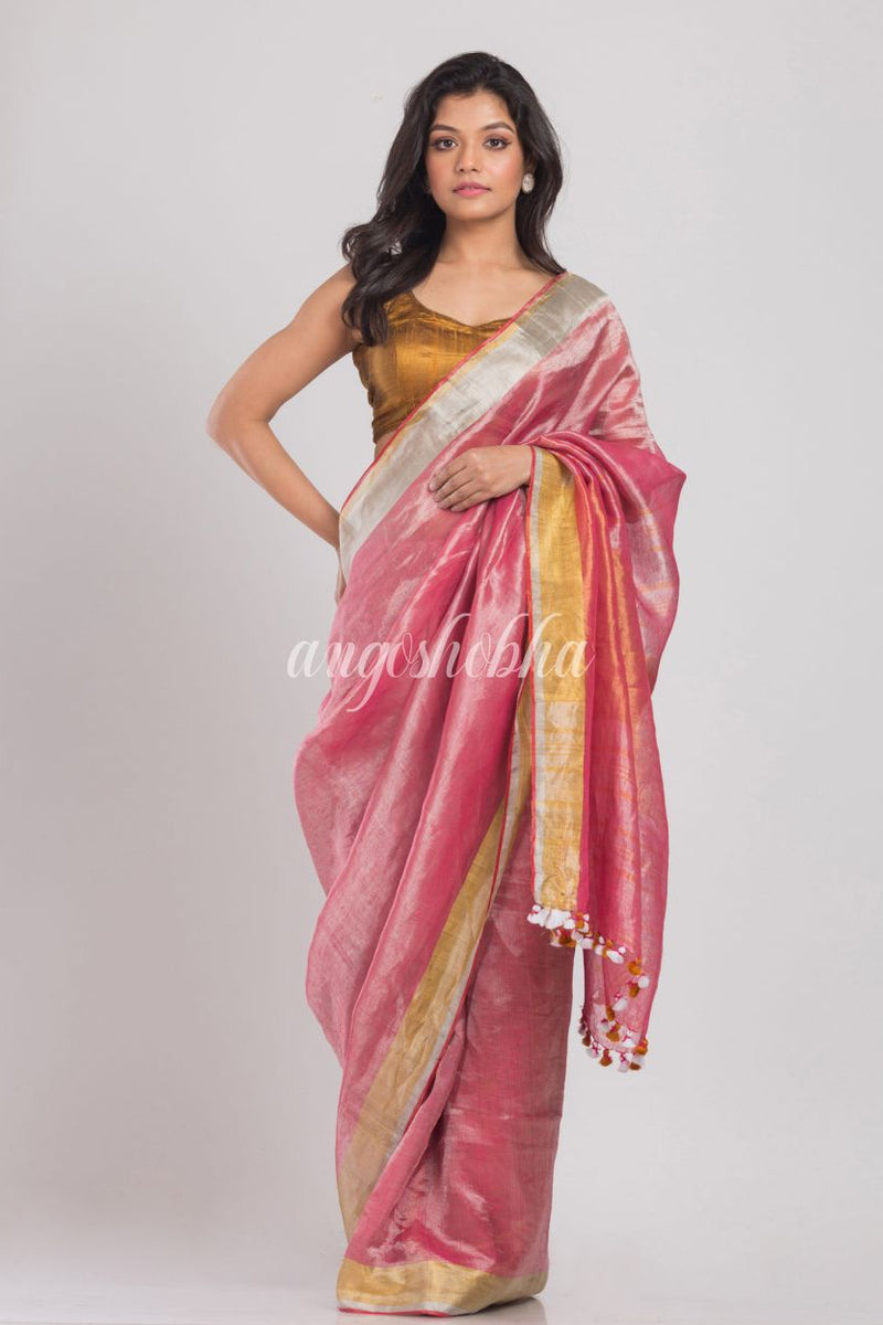 Peach Handwoven Linen Tissue Saree