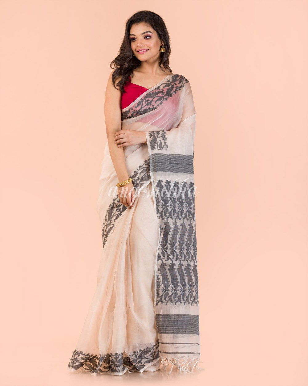 Peach Handwoven Silk Saree angoshobha