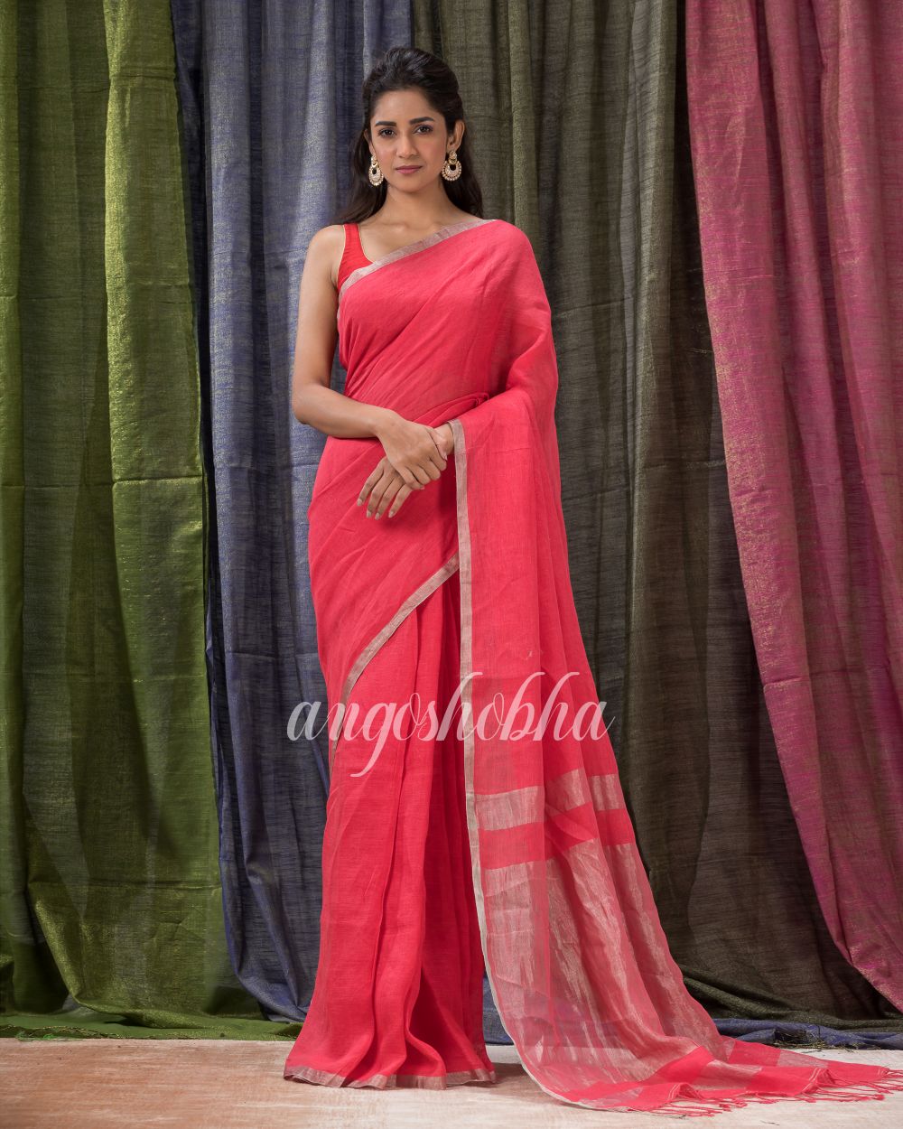 Persian Red Handloom Linen Saree angoshobha