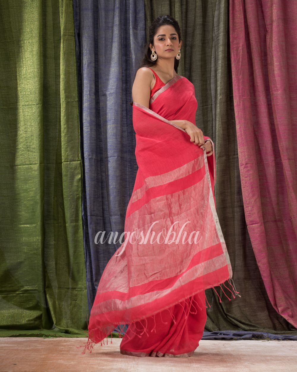 Persian Red Handloom Linen Saree angoshobha