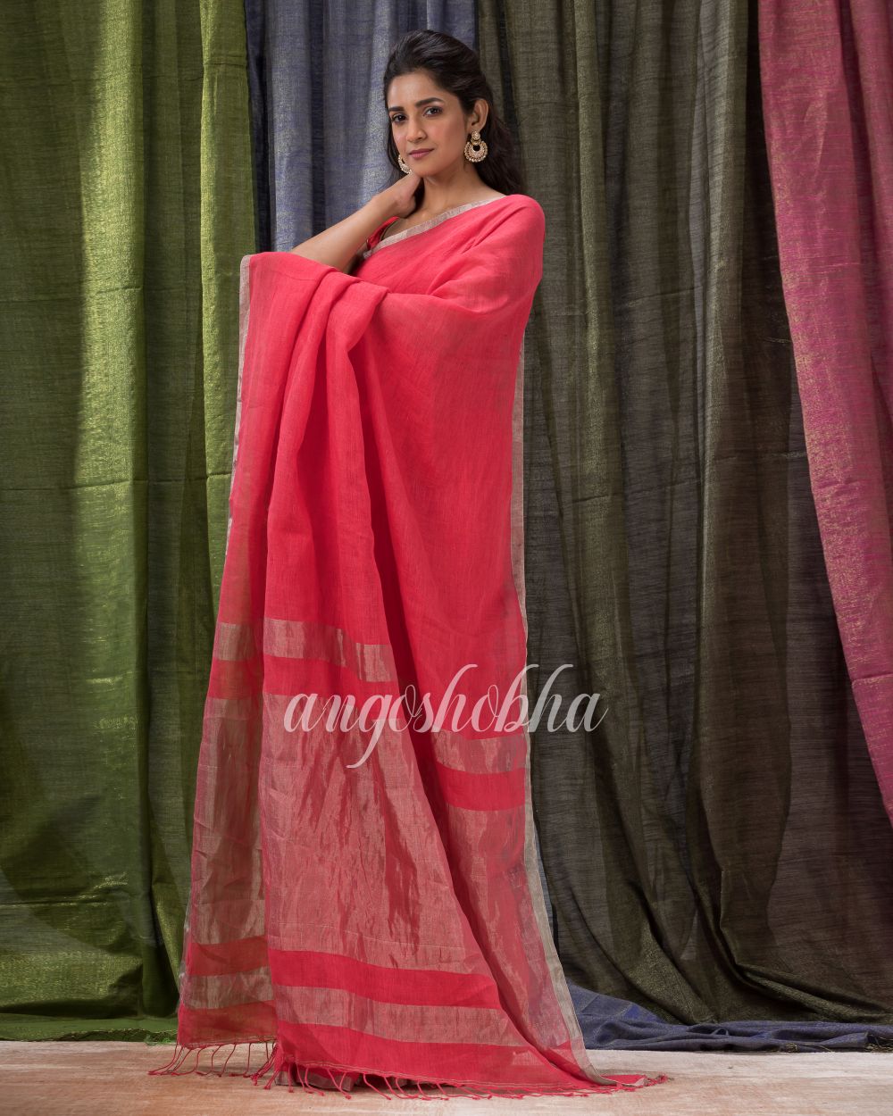 Persian Red Handloom Linen Saree angoshobha