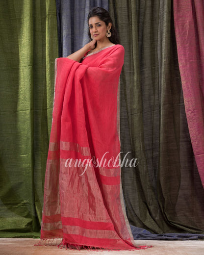 Persian Red Handloom Linen Saree angoshobha