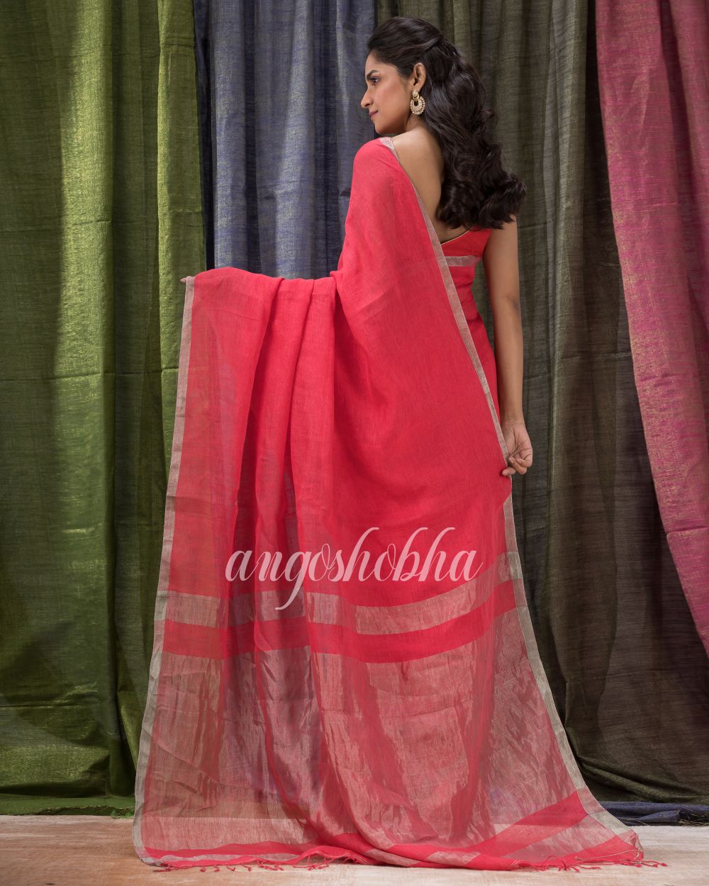 Persian Red Handloom Linen Saree angoshobha