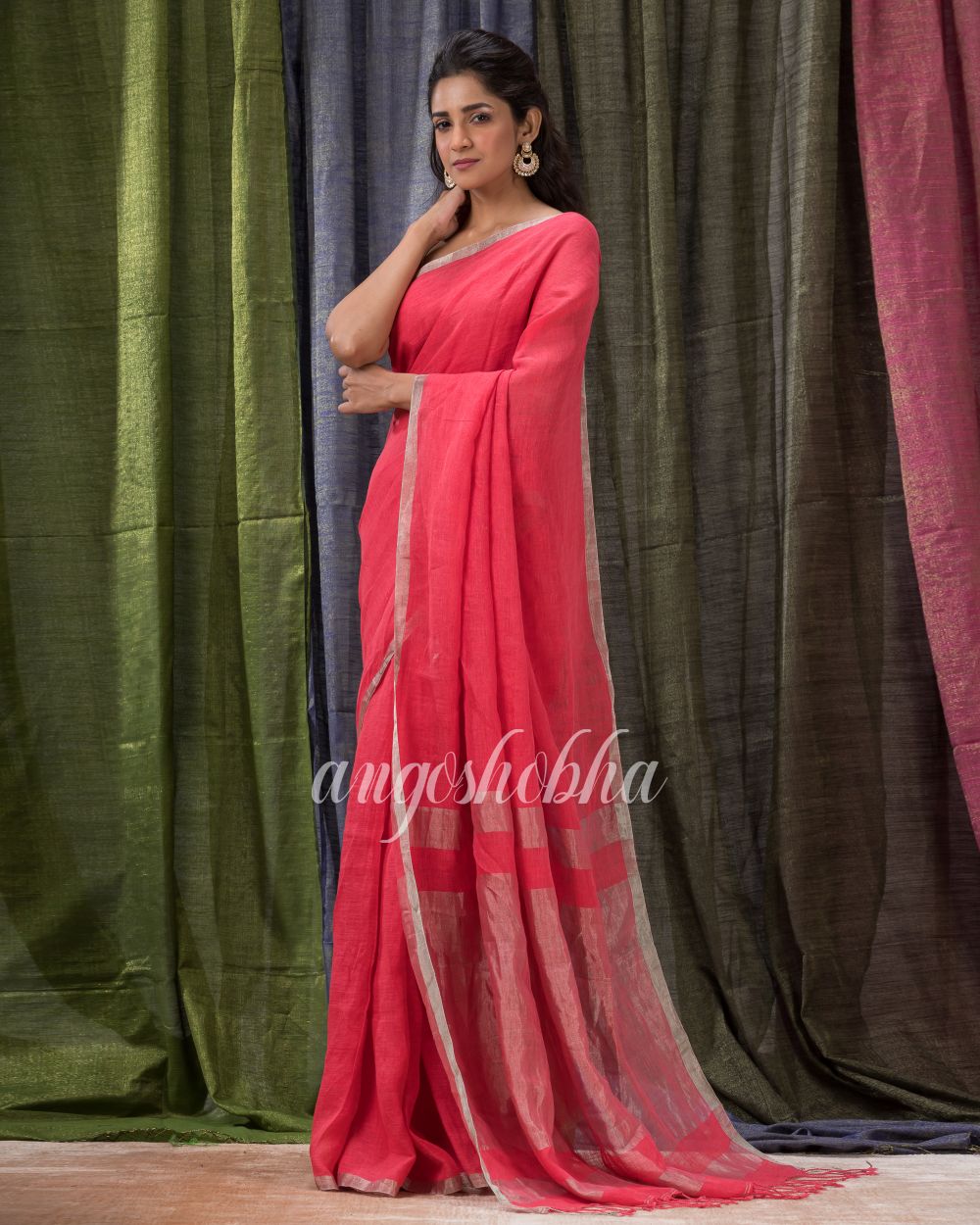 Persian Red Handloom Linen Saree angoshobha