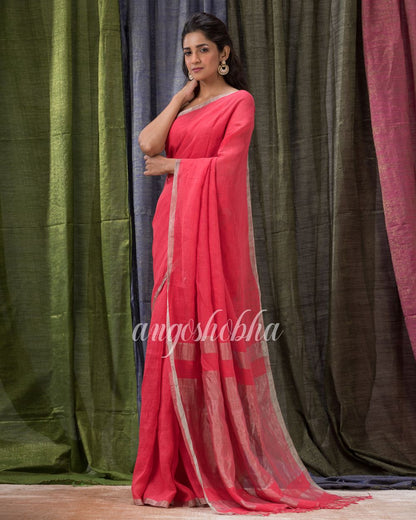 Persian Red Handloom Linen Saree angoshobha