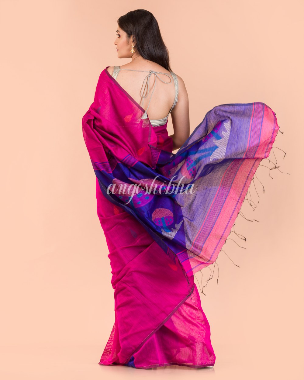 Pink Blended Cotton Jamdani Saree angoshobha