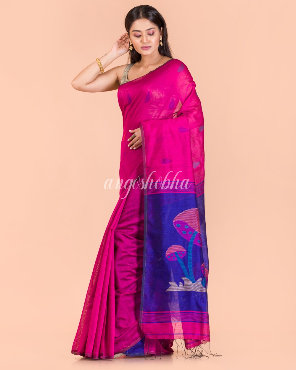Pink Blended Cotton Jamdani Saree angoshobha