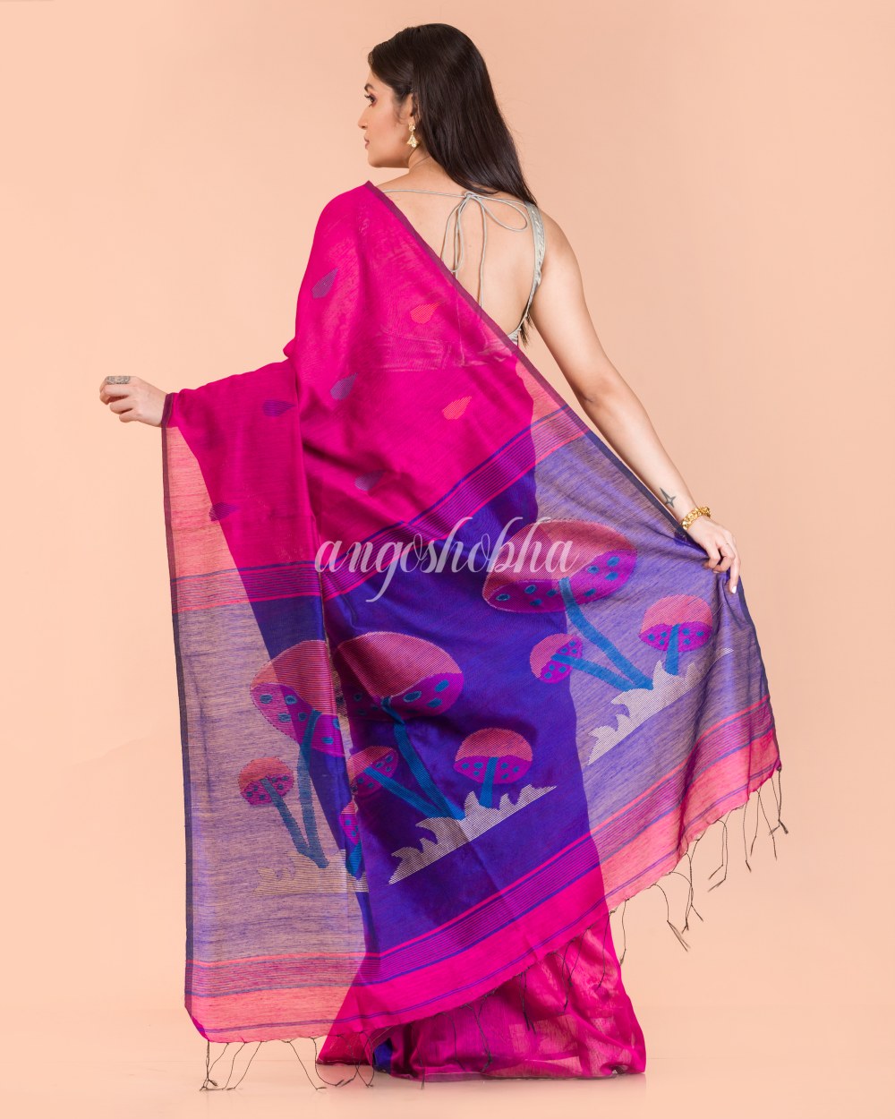 Pink Blended Cotton Jamdani Saree angoshobha