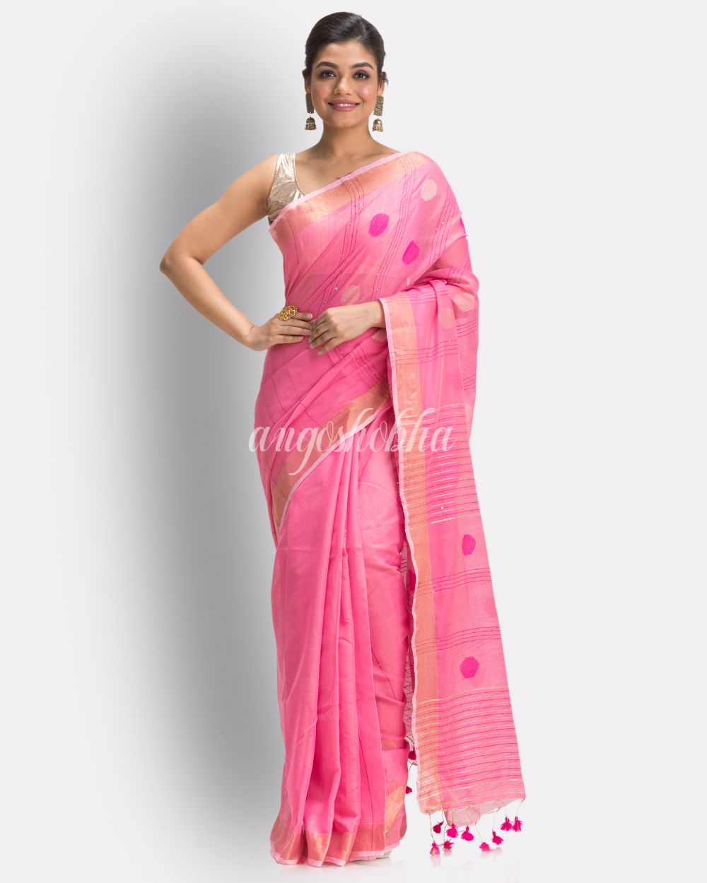 Pink Cotton Blend Handloom Jamdani Saree angoshobha