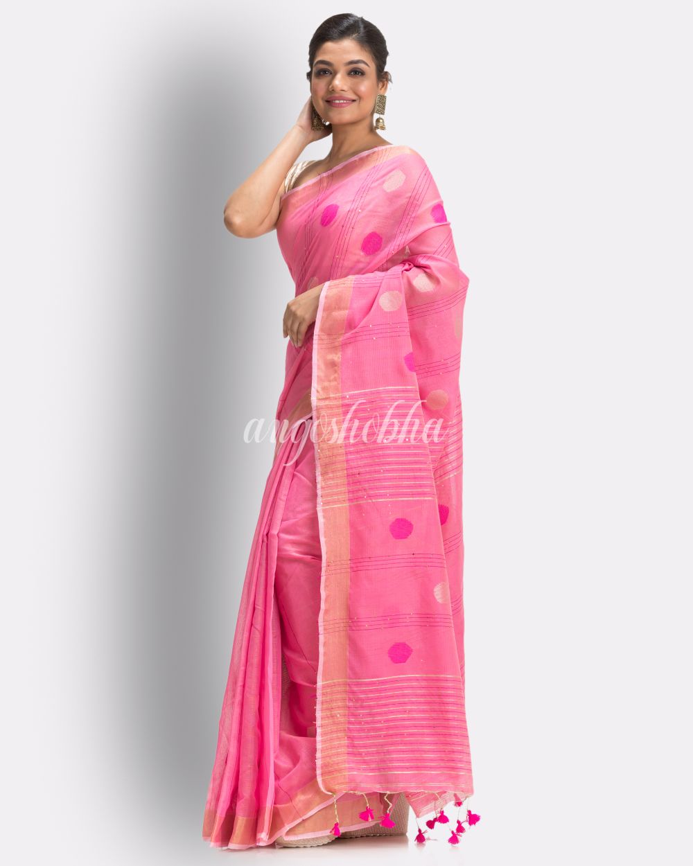 Pink Cotton Blend Handloom Jamdani Saree angoshobha