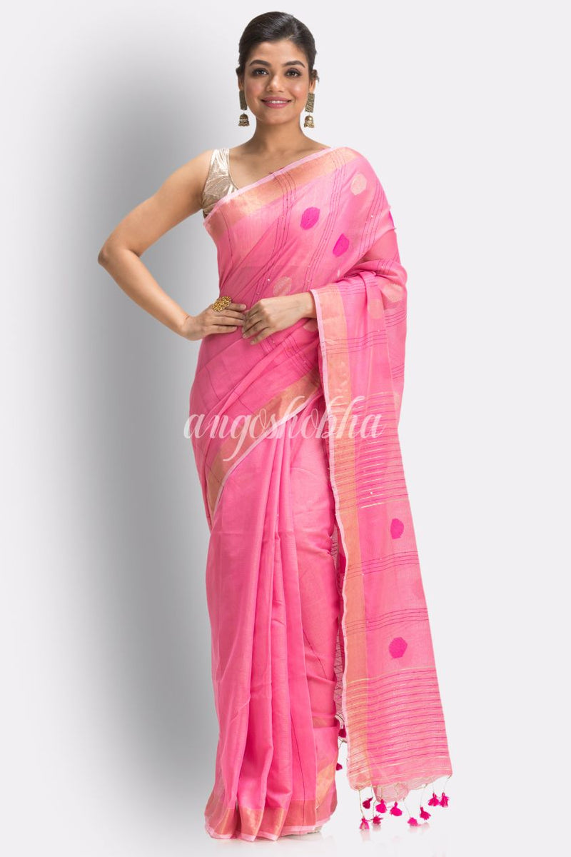 Pink Cotton Blend Handloom Jamdani Saree