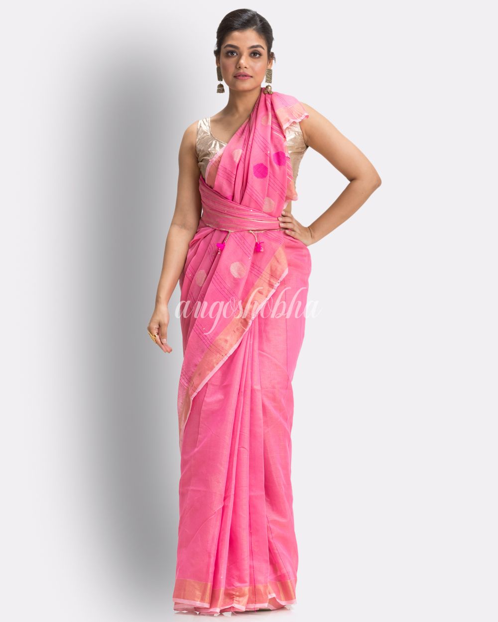 Pink Cotton Blend Handloom Jamdani Saree angoshobha