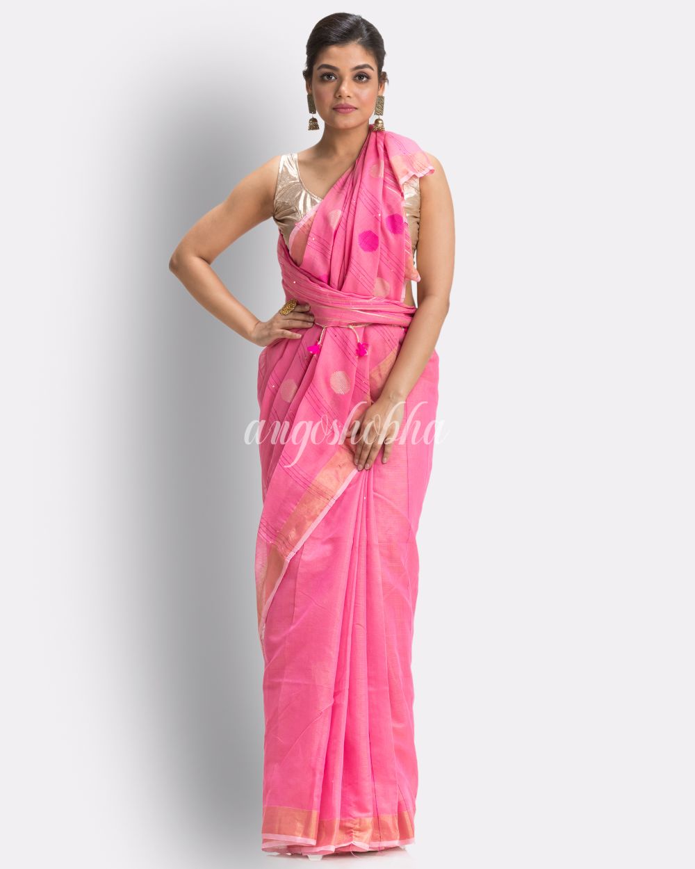 Pink Cotton Blend Handloom Jamdani Saree angoshobha