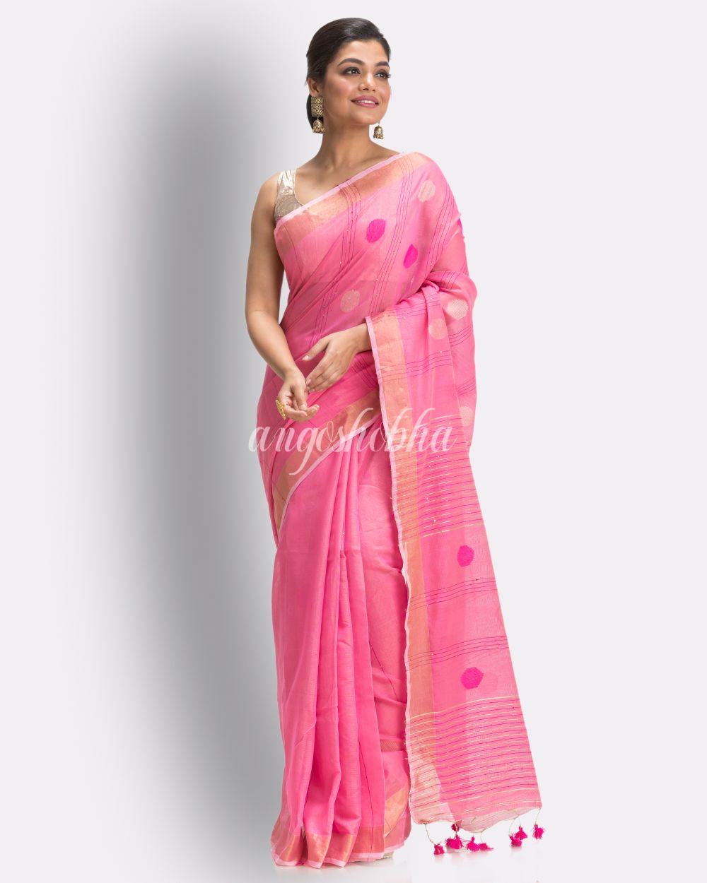 Pink Cotton Blend Handloom Jamdani Saree angoshobha