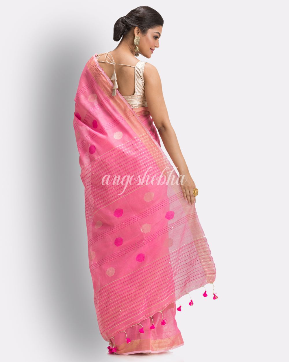 Pink Cotton Blend Handloom Jamdani Saree angoshobha