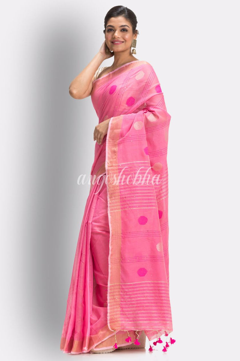 Pink Cotton Blend Handloom Jamdani Saree