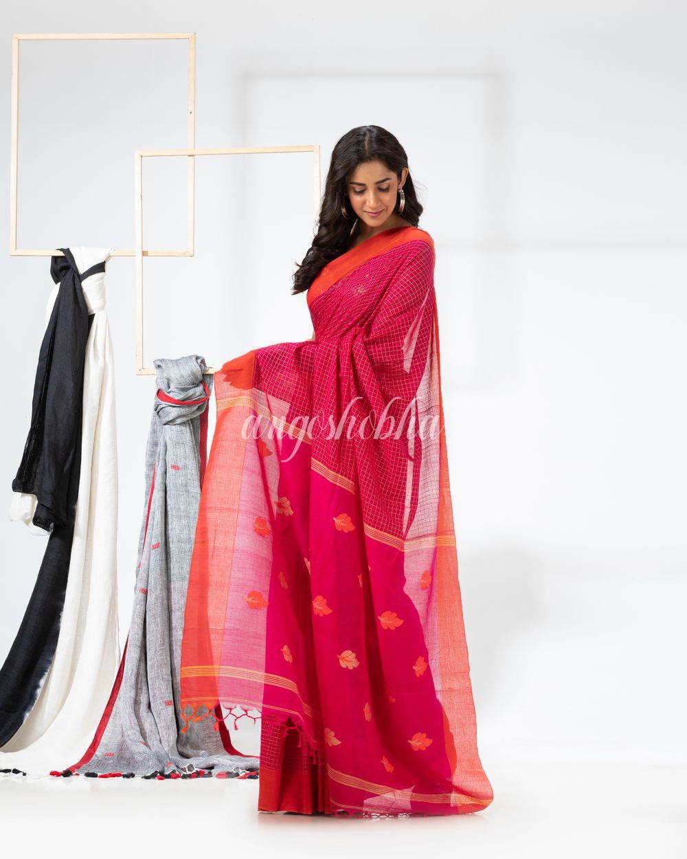 Pink Cotton Festive Jamdani Saree angoshobha