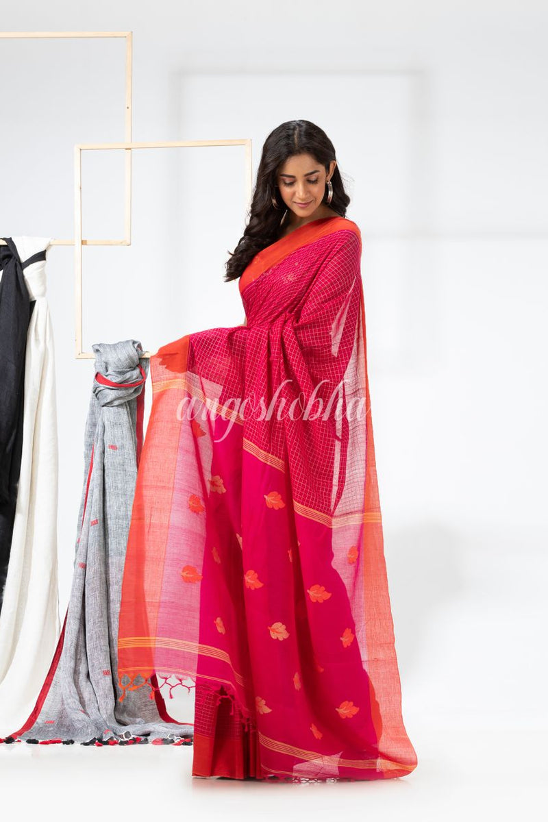 Pink Cotton Festive Jamdani Saree