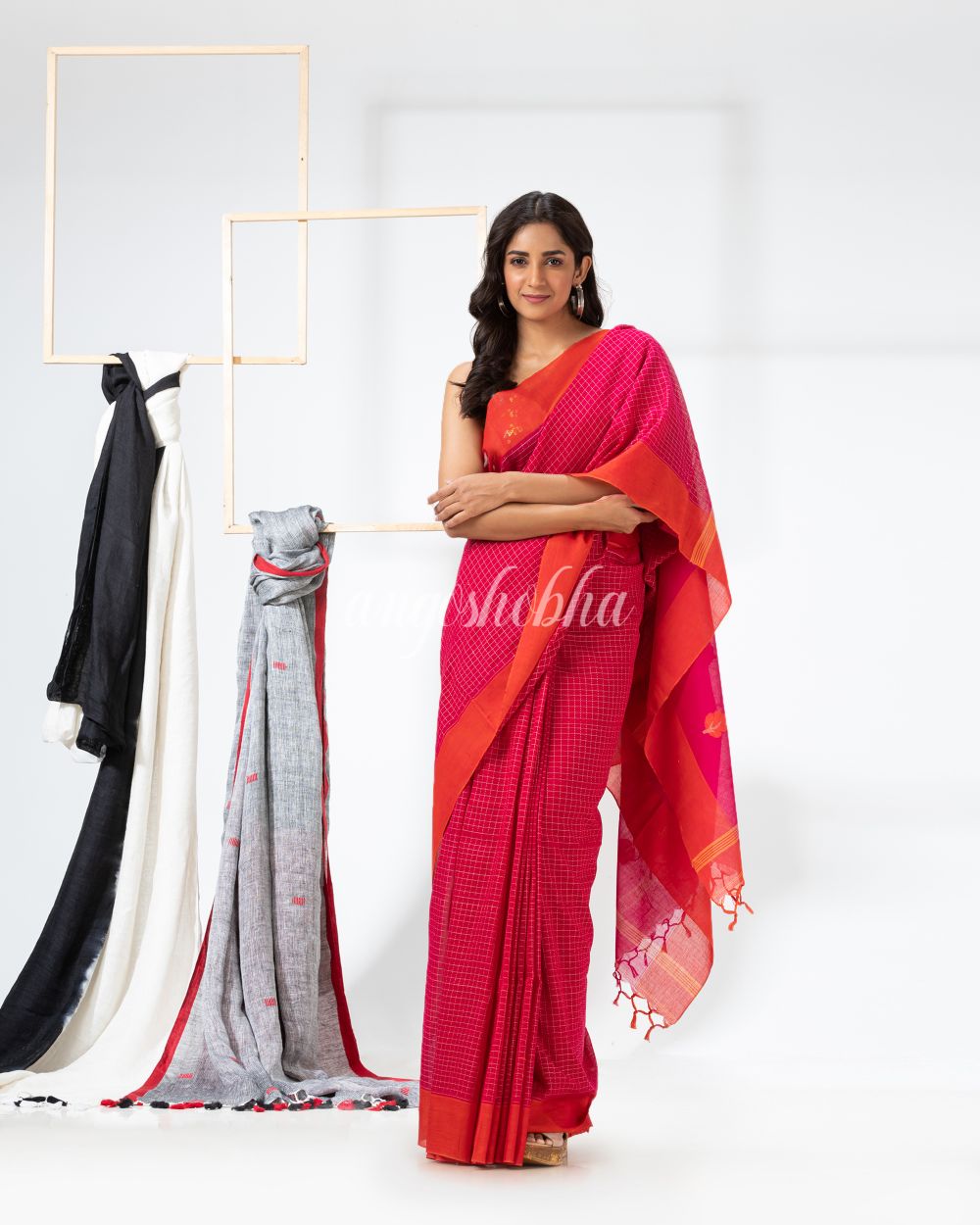 Pink Cotton Festive Jamdani Saree angoshobha