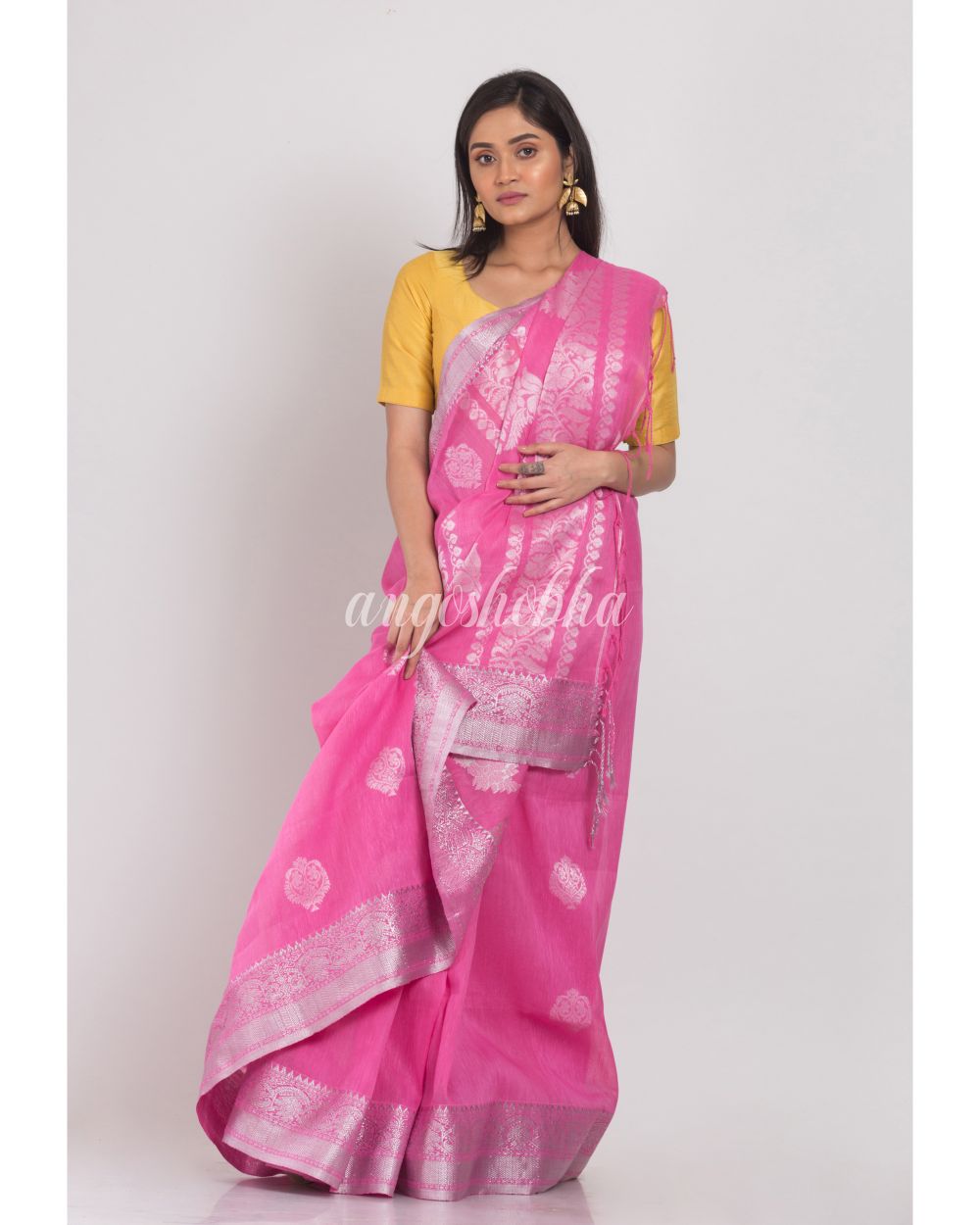 Pink Cotton Linen Jamdani Saree angoshobha