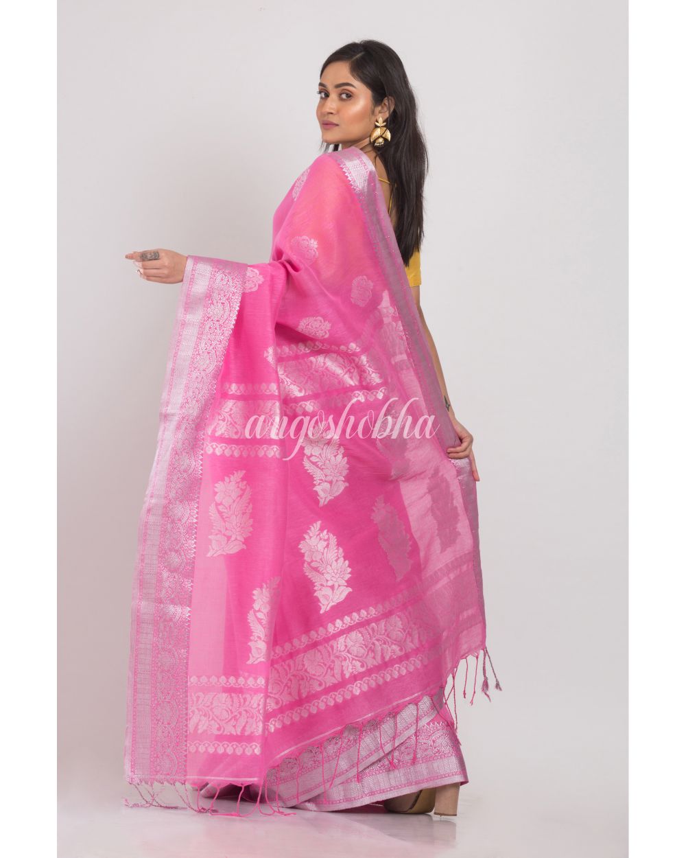 Pink Cotton Linen Jamdani Saree angoshobha