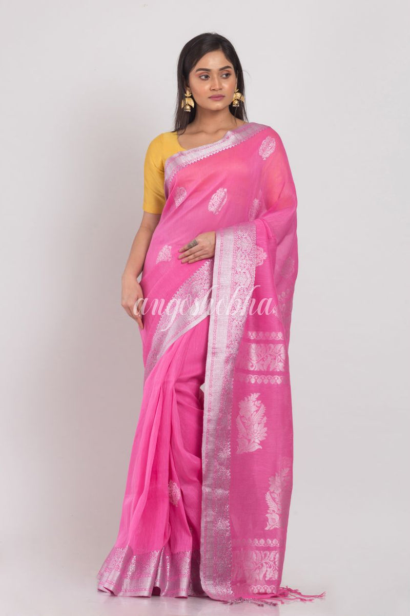 Pink Cotton Linen Jamdani Saree