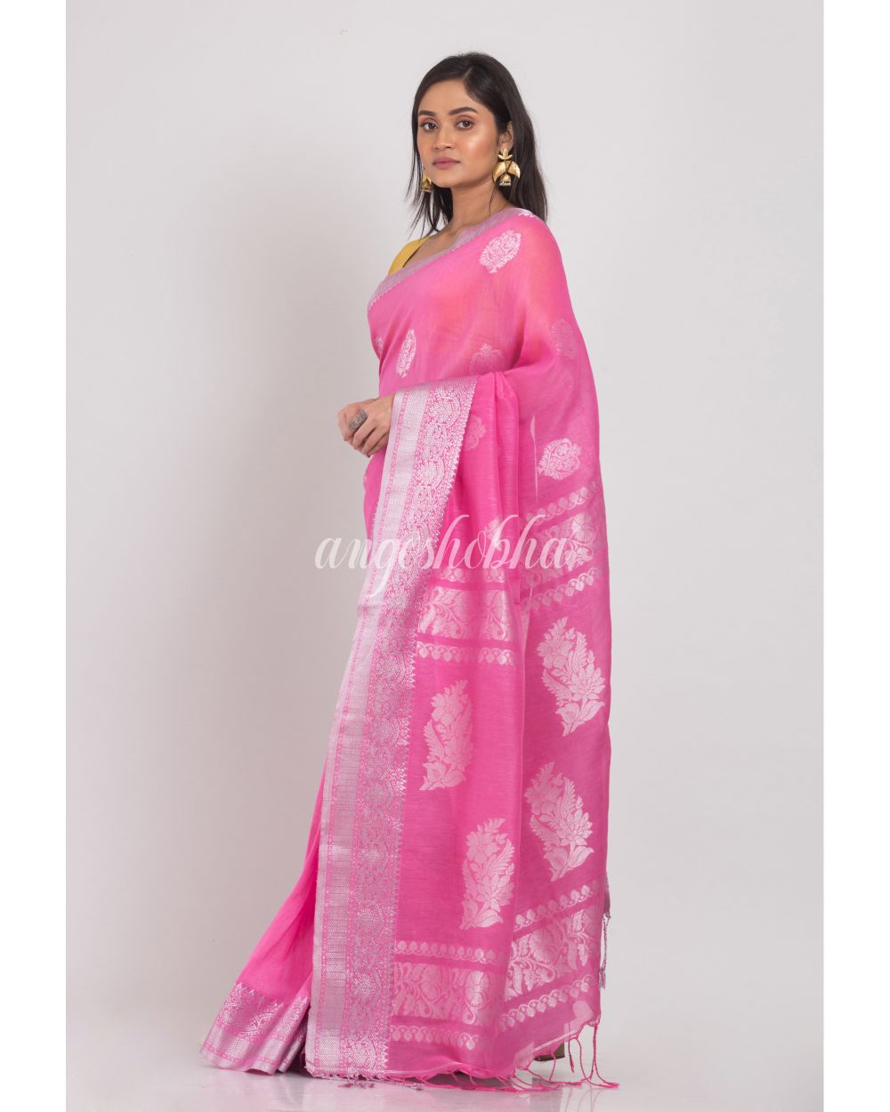 Pink Cotton Linen Jamdani Saree angoshobha