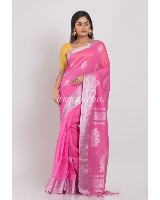 Pink Cotton Linen Jamdani Saree angoshobha