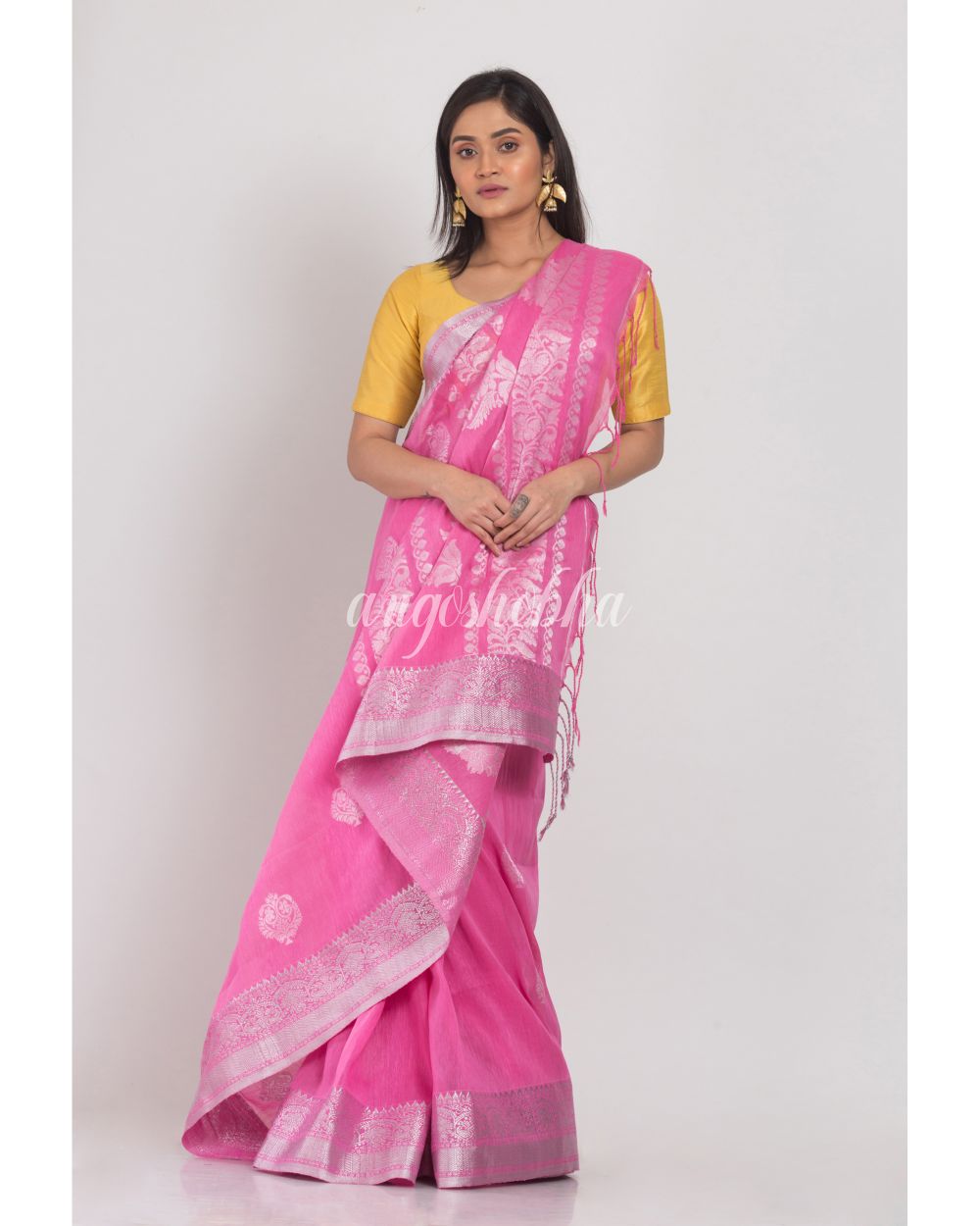 Pink Cotton Linen Jamdani Saree angoshobha