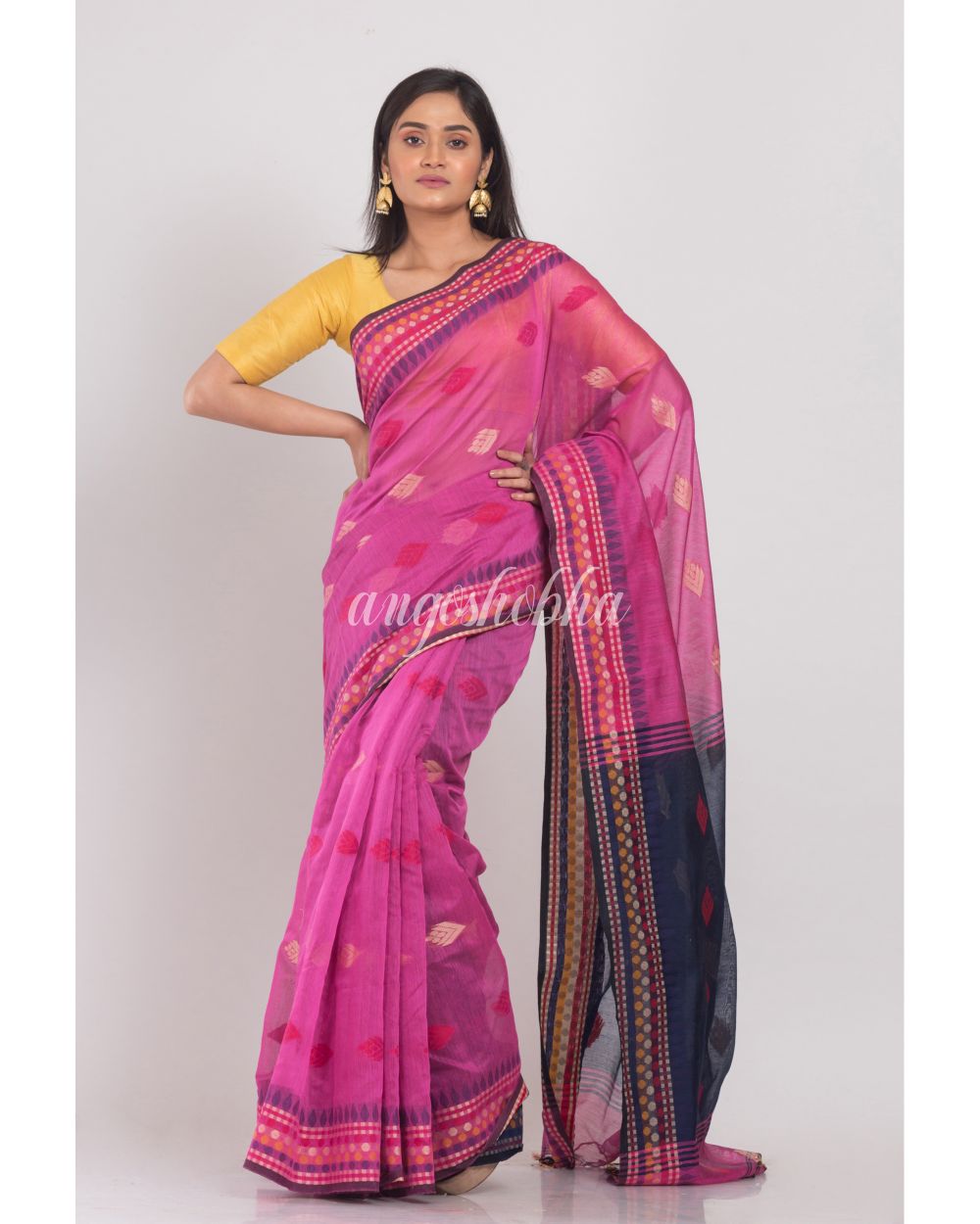 Pink Handloom Blended Cotton Saree angoshobha