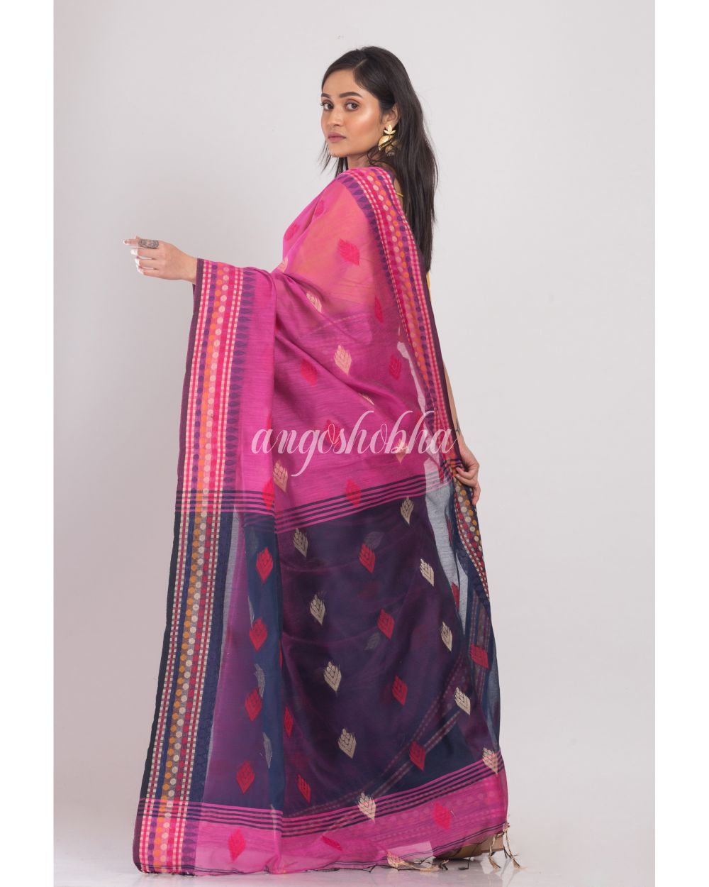 Pink Handloom Blended Cotton Saree angoshobha