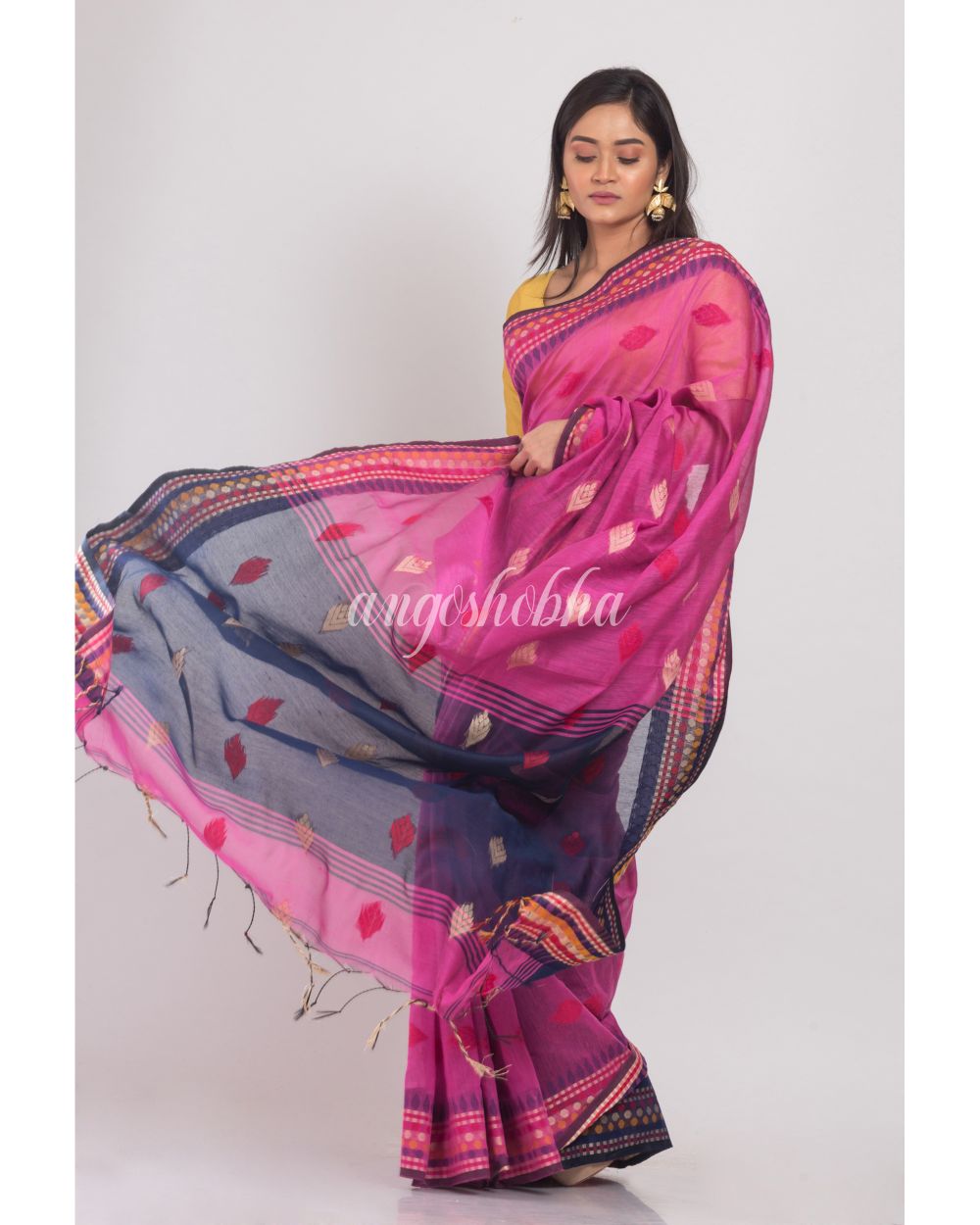 Pink Handloom Blended Cotton Saree angoshobha