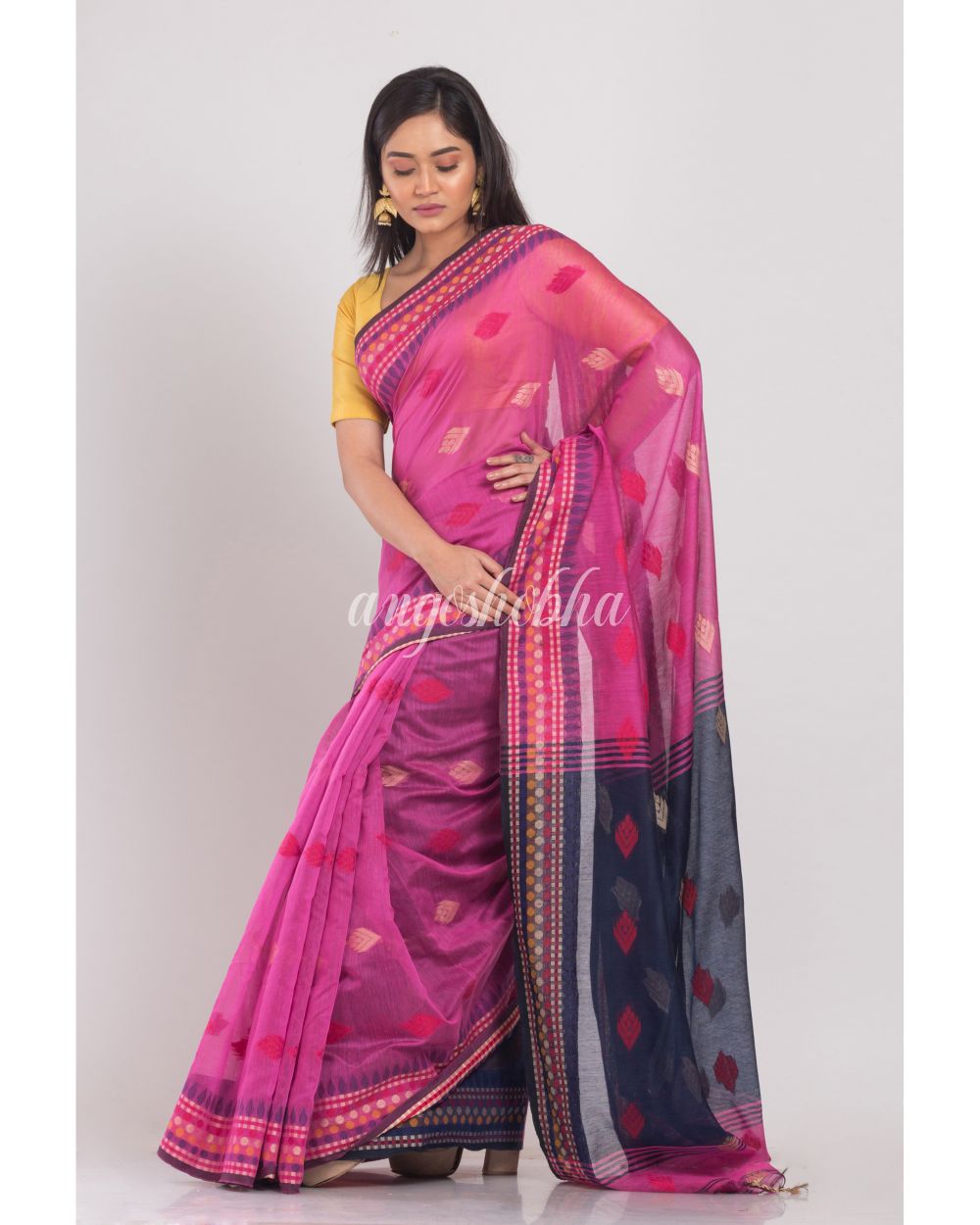 Pink Handloom Blended Cotton Saree angoshobha