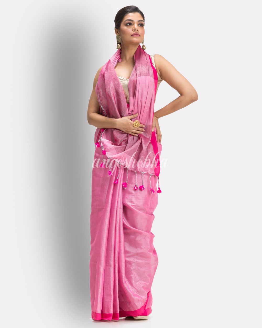 Pink Handloom Zari Cotton Tissue Saree angoshobha