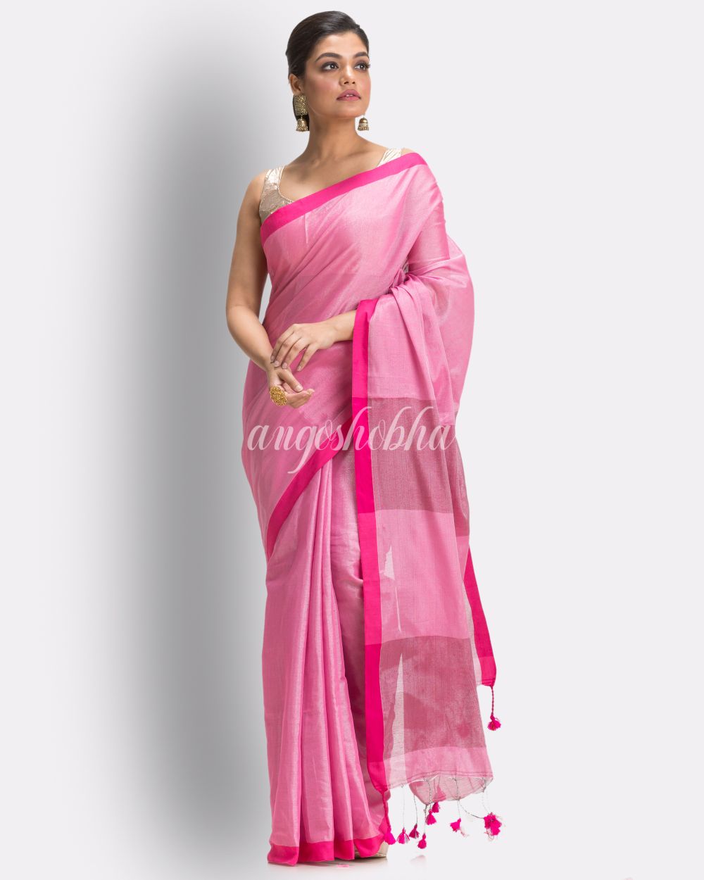 Pink Handloom Zari Cotton Tissue Saree angoshobha