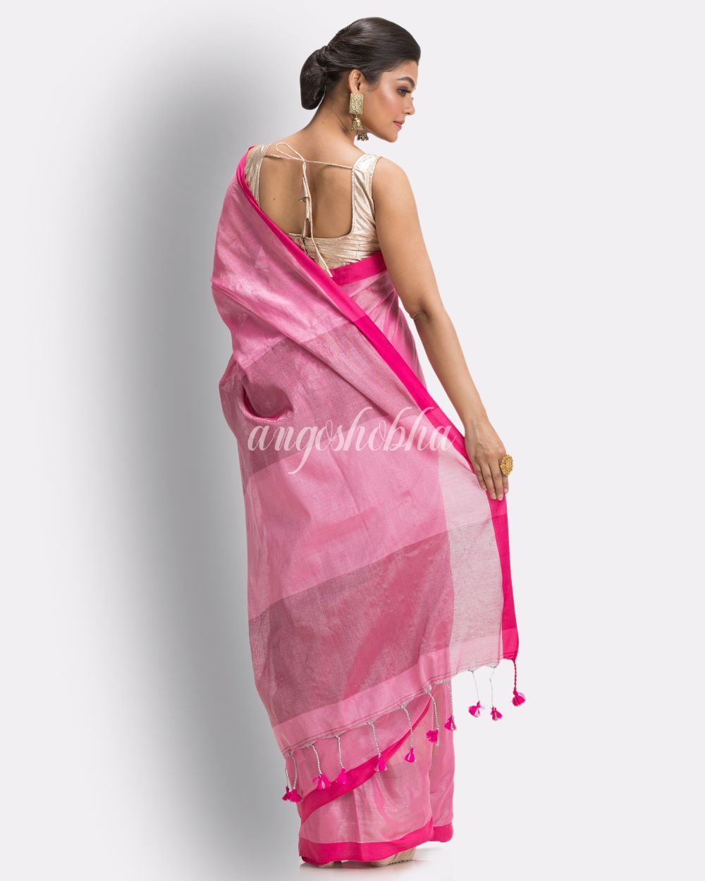 Pink Handloom Zari Cotton Tissue Saree angoshobha