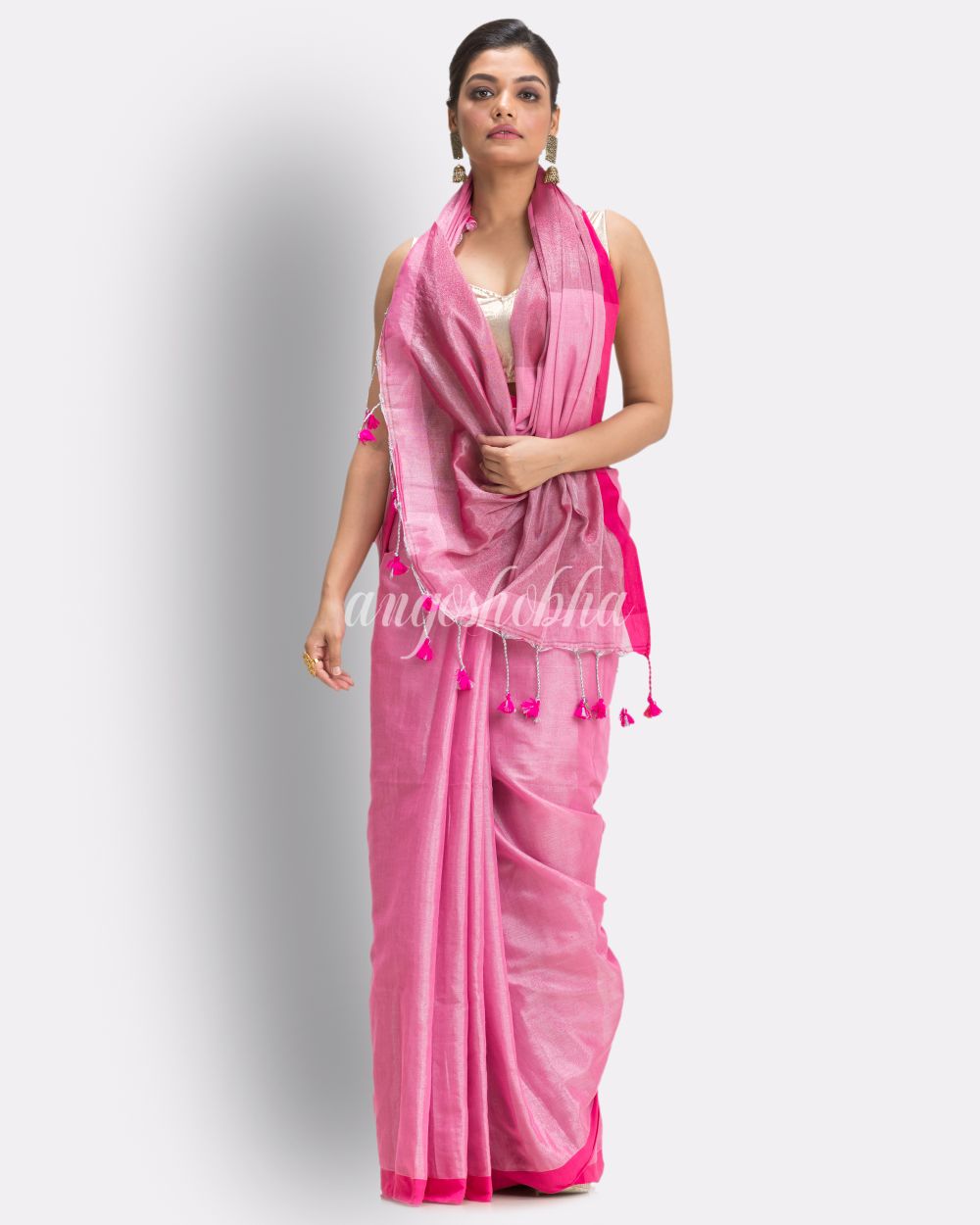 Pink Handloom Zari Cotton Tissue Saree angoshobha