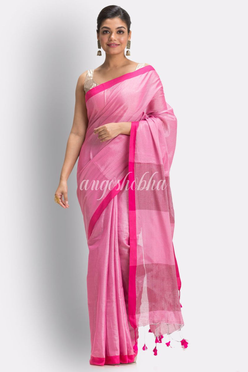 Pink Handloom Zari Cotton Tissue Saree