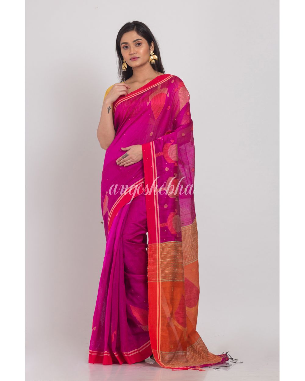 Pink Handwoven Cotton Silk Jamdani Saree angoshobha