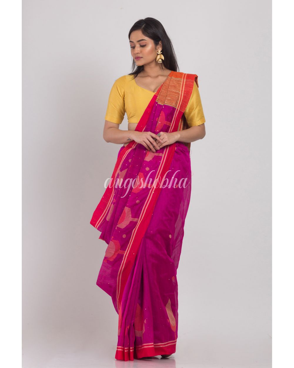 Pink Handwoven Cotton Silk Jamdani Saree angoshobha