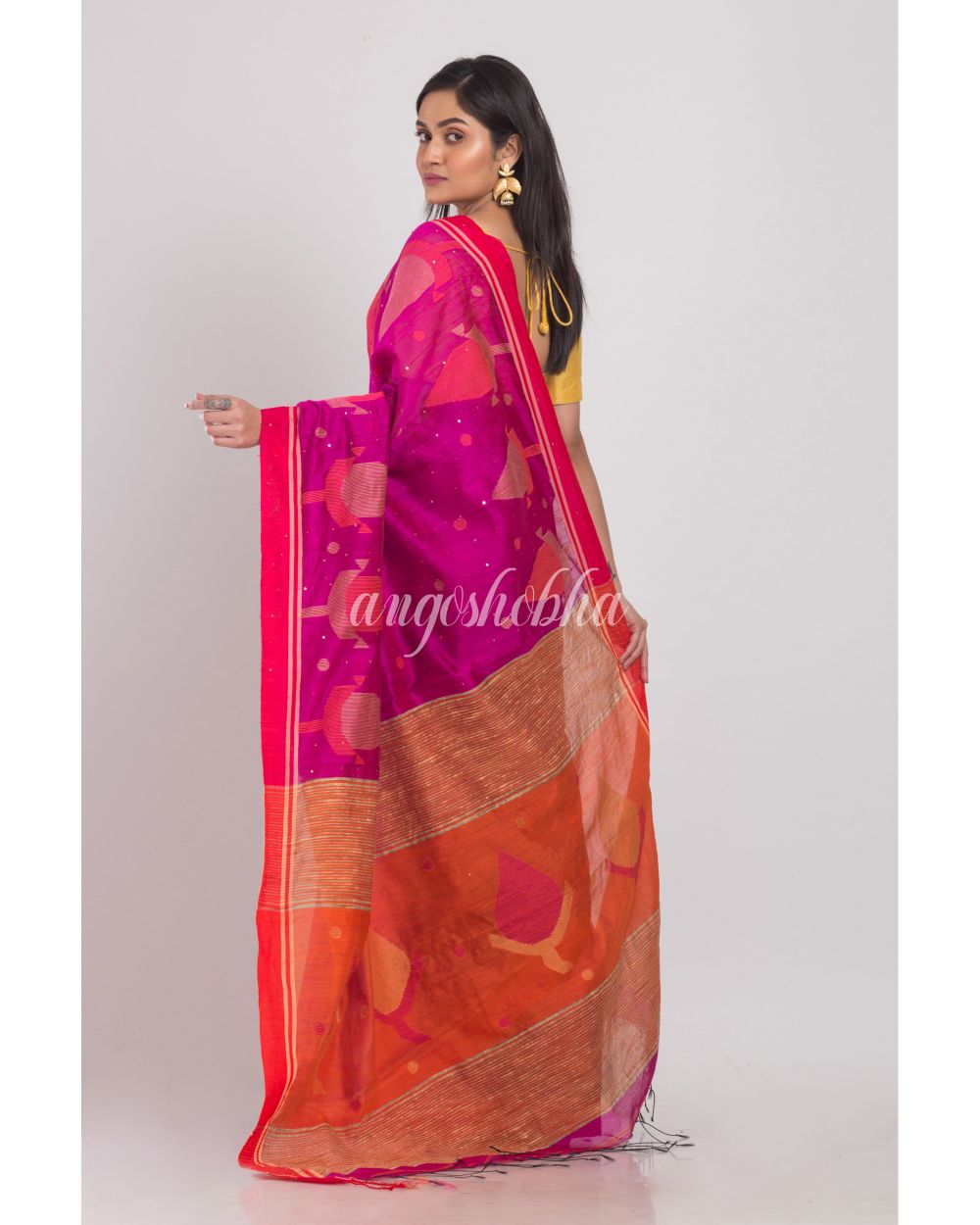 Pink Handwoven Cotton Silk Jamdani Saree angoshobha