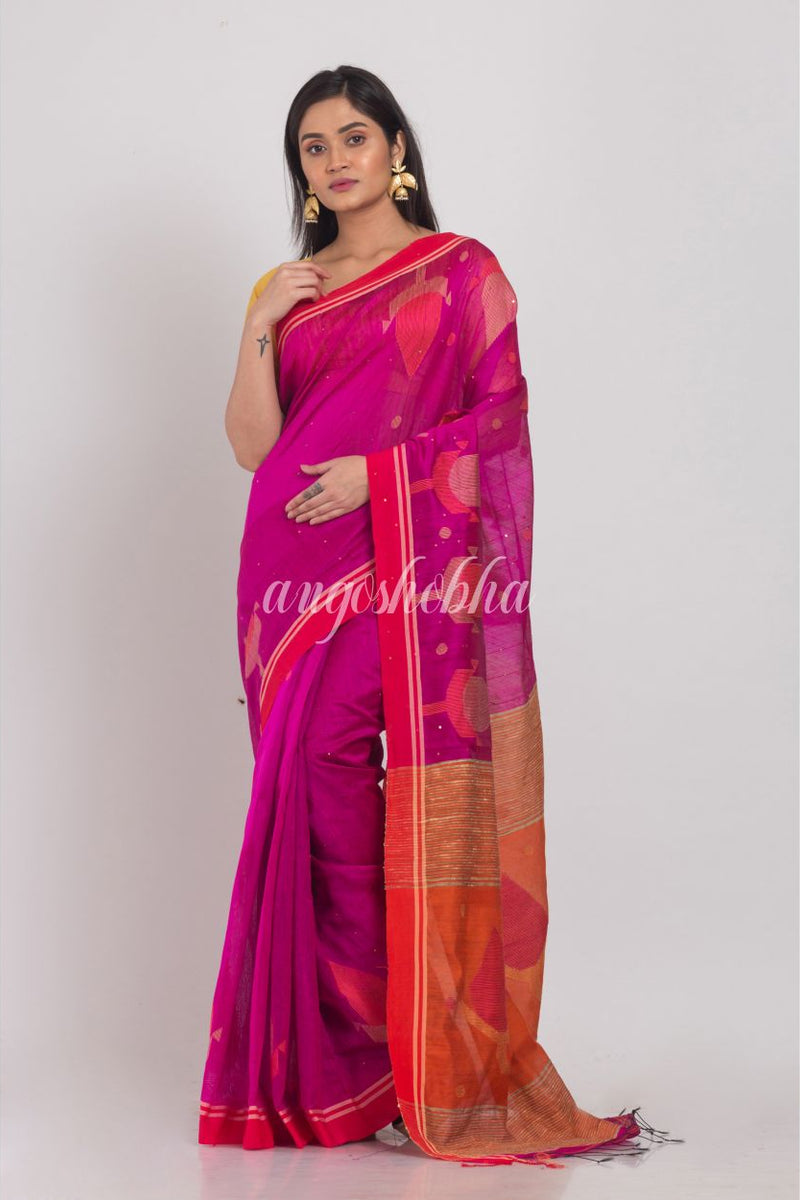 Pink Handwoven Cotton Silk Jamdani Saree