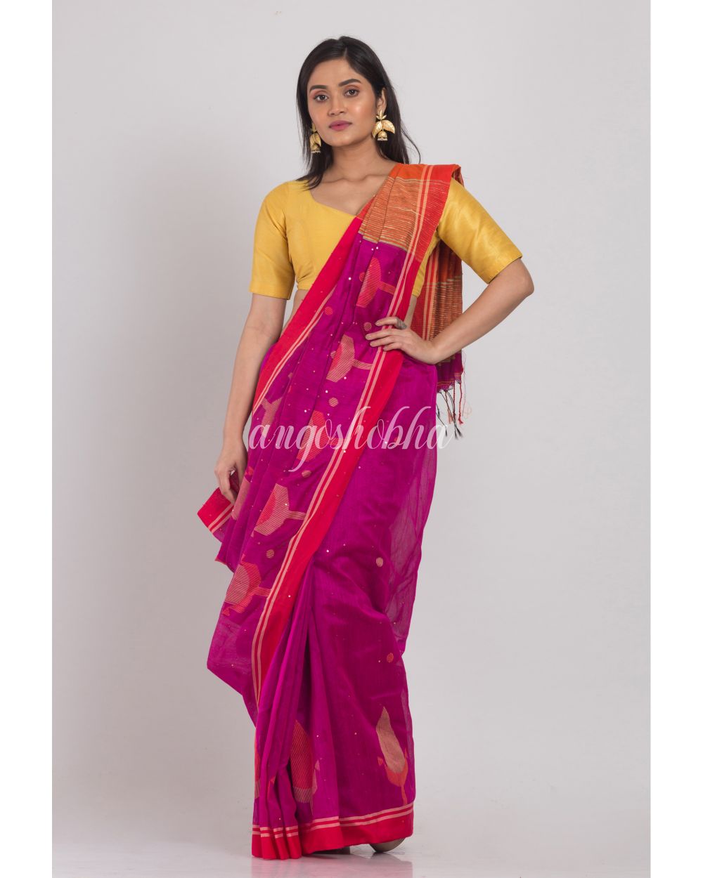 Pink Handwoven Cotton Silk Jamdani Saree angoshobha