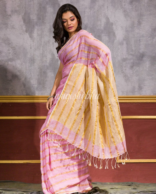 Pink Handwoven Linen Saree angoshobha