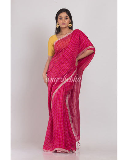 Pink Handwoven Linen Saree angoshobha