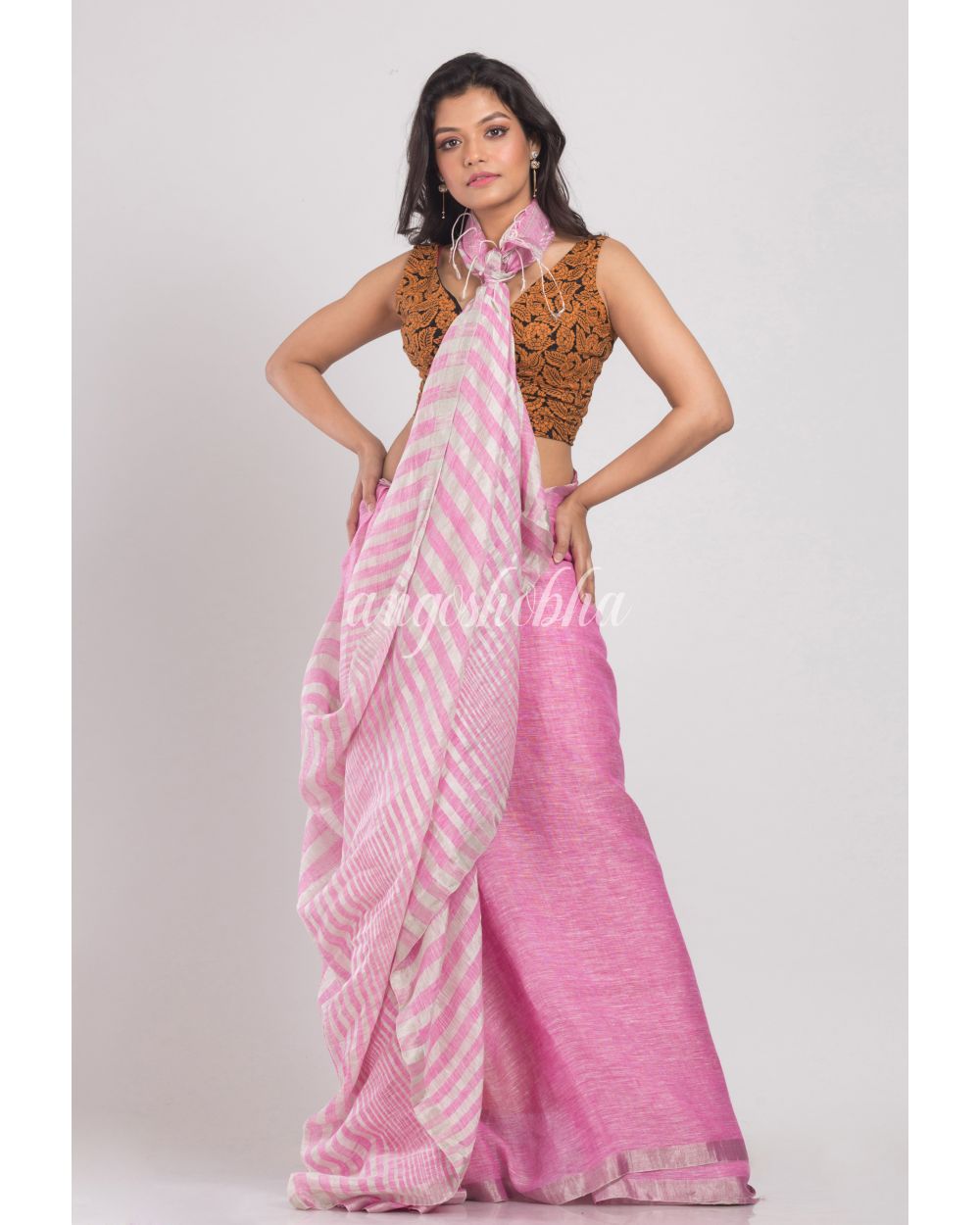 Pink Handwoven Linen Saree angoshobha