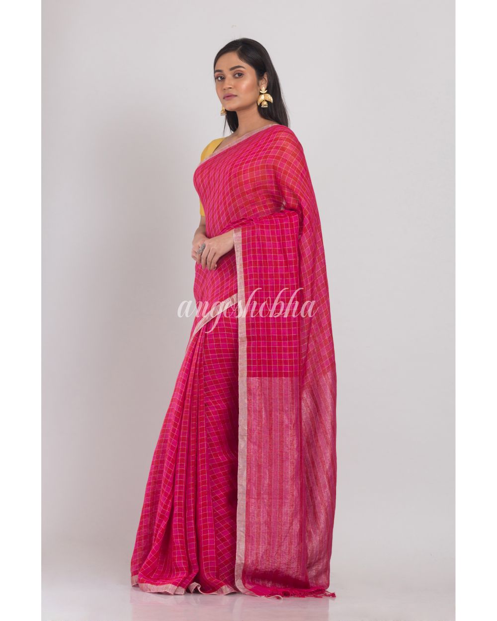 Pink Handwoven Linen Saree angoshobha