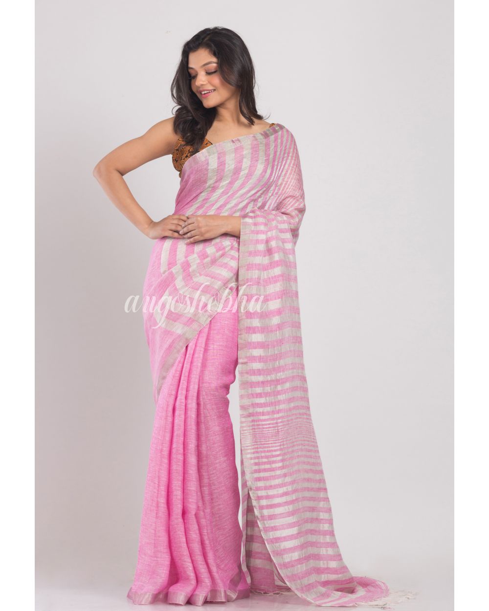 Pink Handwoven Linen Saree angoshobha
